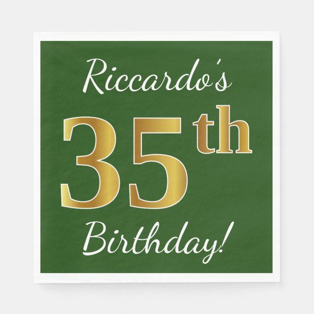 Green, Faux Gold 35th Birthday + Custom Name Napkin (Front)