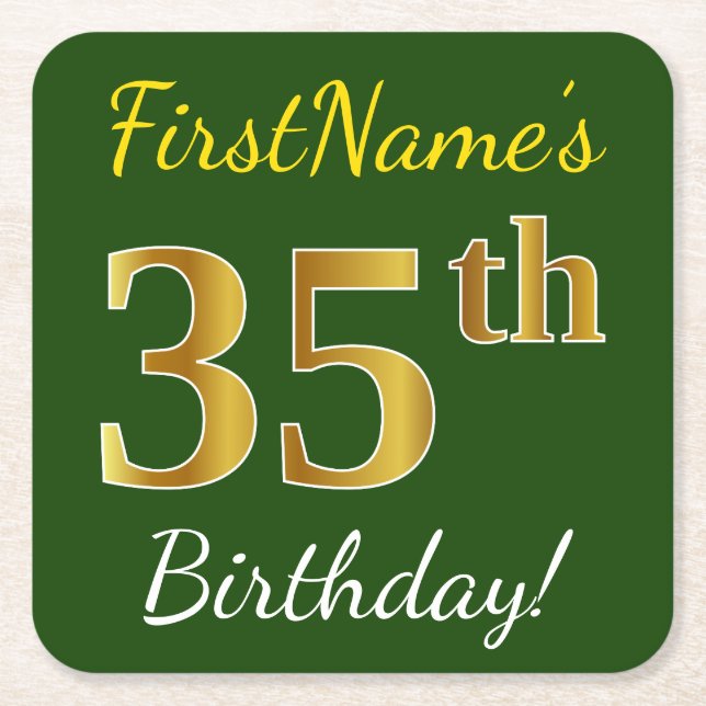 Green, Faux Gold 35th Birthday + Custom Name Square Paper Coaster (Front)