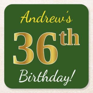 Green, Faux Gold 36th Birthday + Custom Name Square Paper Coaster