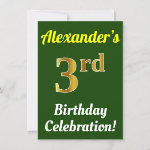 Green, Faux Gold 3rd Birthday Celebration + Name Invitation