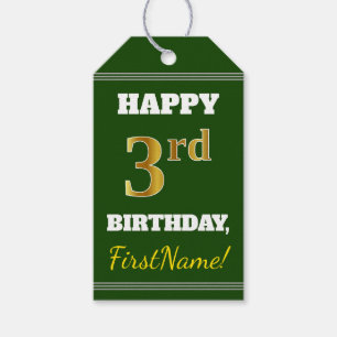 Green, Faux Gold 3rd Birthday + Custom Name Gift Tags
