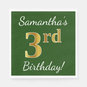 Green, Faux Gold 3rd Birthday + Custom Name Napkin