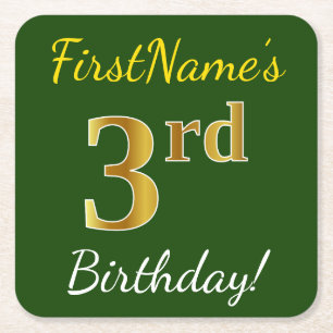 Green, Faux Gold 3rd Birthday + Custom Name Square Paper Coaster