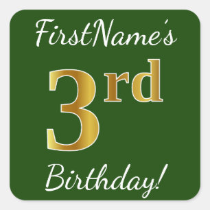 Green, Faux Gold 3rd Birthday + Custom Name Square Sticker
