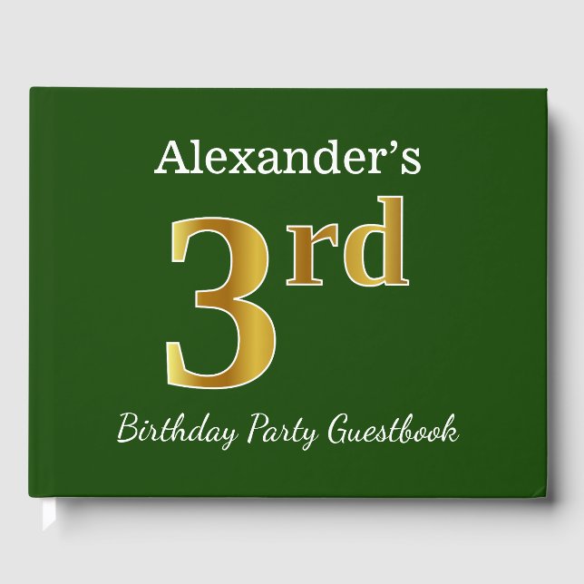 Green, Faux Gold 3rd Birthday Party + Custom Name Guest Book (Front)