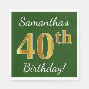 Green, Faux Gold 40th Birthday + Custom Name Napkin