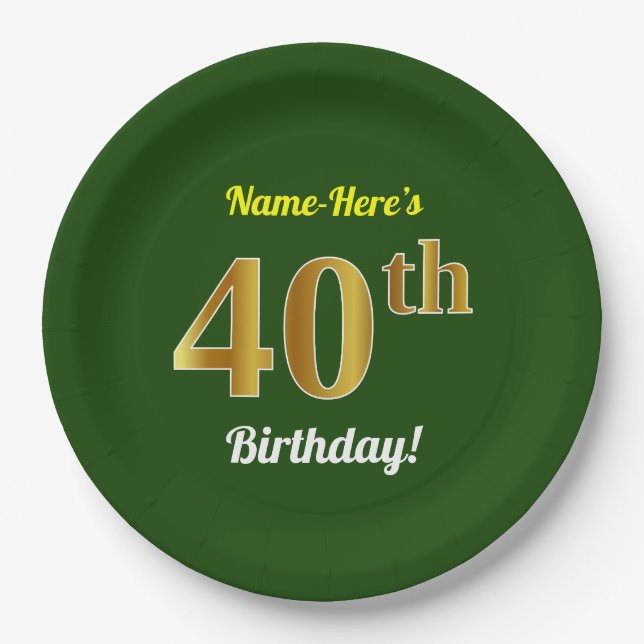 Green, Faux Gold 40th Birthday + Custom Name Paper Plate (Front)