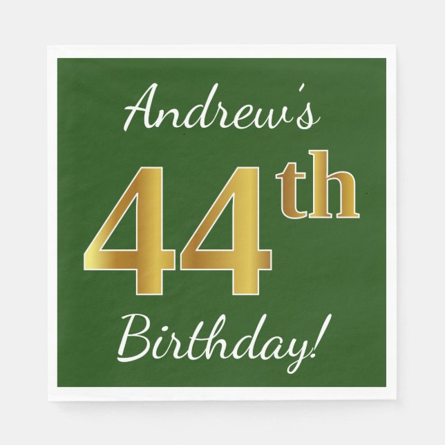 Green, Faux Gold 44th Birthday + Custom Name Napkin (Front)