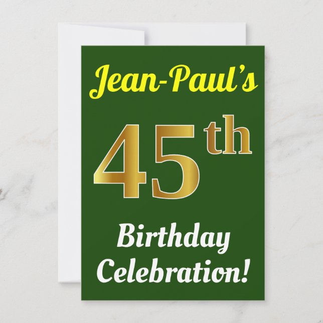 Green, Faux Gold 45th Birthday Celebration + Name Invitation (Front)