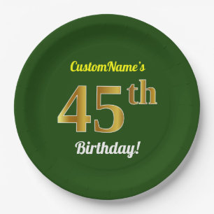 Green, Faux Gold 45th Birthday + Custom Name Paper Plate