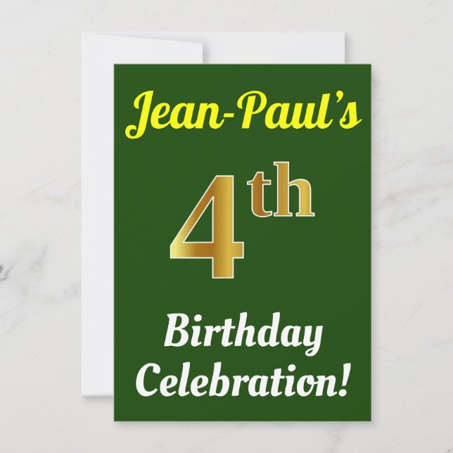 Green, Faux Gold 4th Birthday Celebration + Name Invitation (Front)