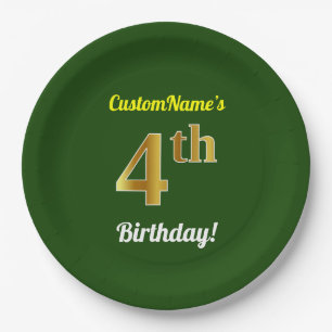Green, Faux Gold 4th Birthday + Custom Name Paper Plate