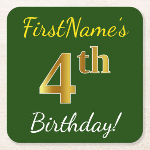 Green, Faux Gold 4th Birthday + Custom Name Square Paper Coaster