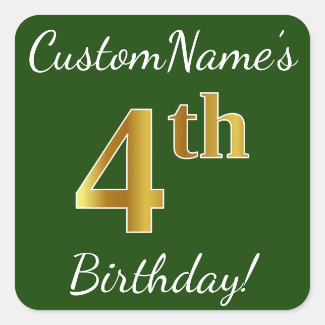Green, Faux Gold 4th Birthday + Custom Name Square Sticker (Front)