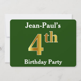 Green, Faux Gold 4th Birthday Party + Custom Name Invitation
