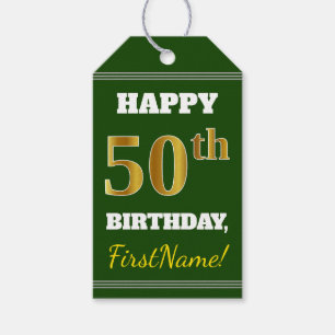 Green, Faux Gold 50th Birthday + Custom Name Gift Tags