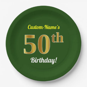 Green, Faux Gold 50th Birthday + Custom Name Paper Plate