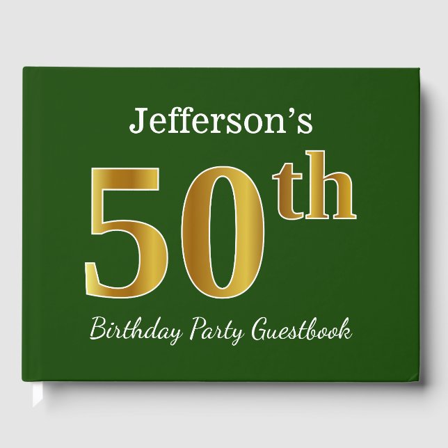 Green, Faux Gold 50th Birthday Party + Custom Name Guest Book (Front)