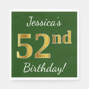 Green, Faux Gold 52nd Birthday + Custom Name Napkin