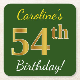 Green, Faux Gold 54th Birthday + Custom Name Square Paper Coaster