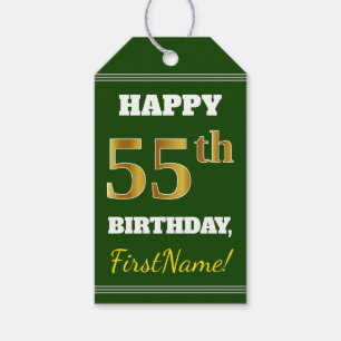 Green, Faux Gold 55th Birthday + Custom Name Gift Tags