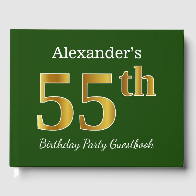 Green, Faux Gold 55th Birthday Party + Custom Name Guest Book (Front)