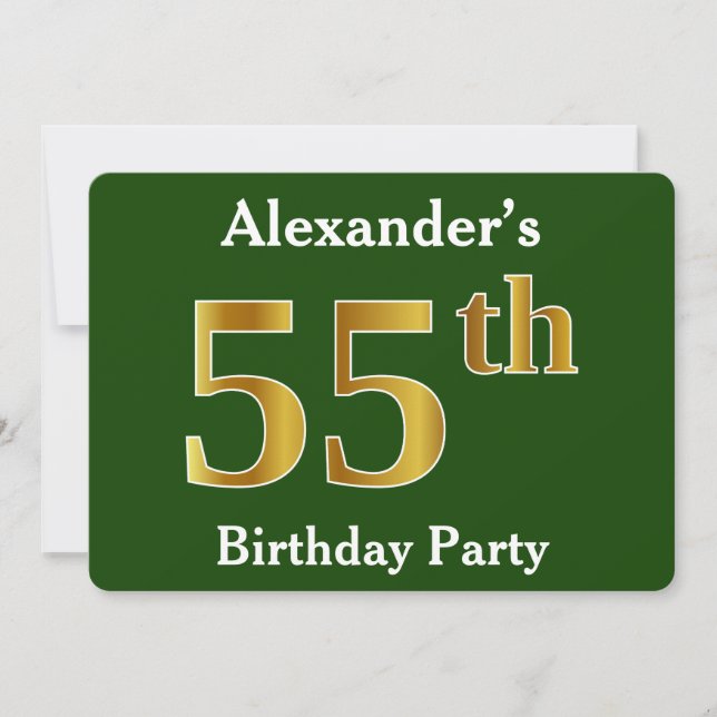 Green, Faux Gold 55th Birthday Party + Custom Name Invitation (Front)
