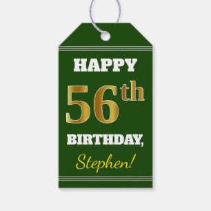 Green, Faux Gold 56th Birthday + Custom Name Gift Tags