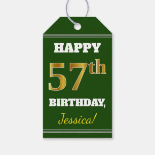 Green, Faux Gold 57th Birthday + Custom Name Gift Tags