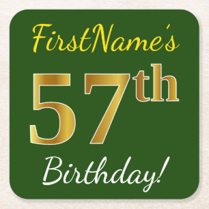 Green, Faux Gold 57th Birthday + Custom Name Square Paper Coaster