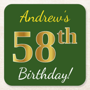 Green, Faux Gold 58th Birthday + Custom Name Square Paper Coaster