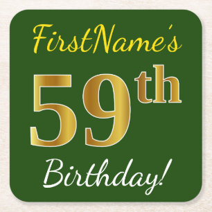 Green, Faux Gold 59th Birthday + Custom Name Square Paper Coaster