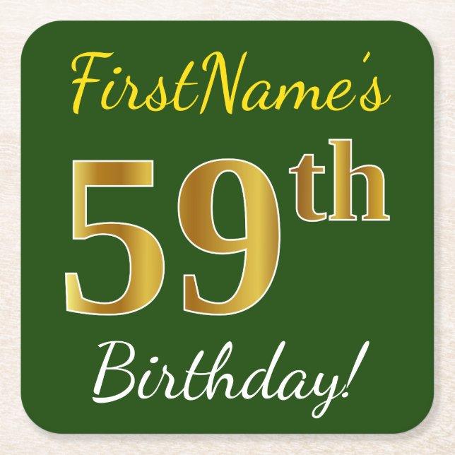Green, Faux Gold 59th Birthday + Custom Name Square Paper Coaster (Front)