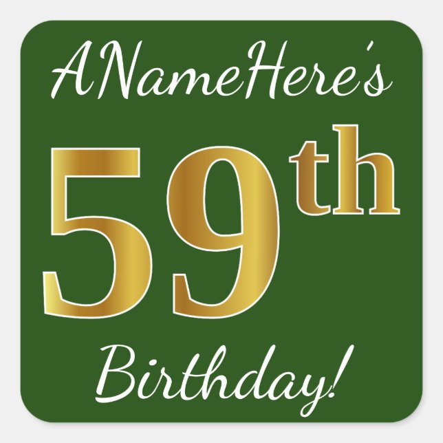 Green, Faux Gold 59th Birthday + Custom Name Square Sticker (Front)