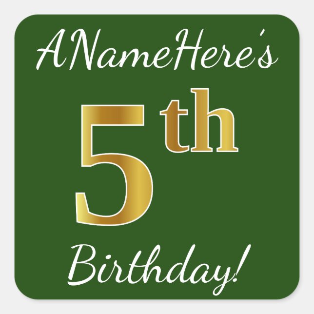 Green, Faux Gold 5th Birthday + Custom Name Square Sticker (Front)