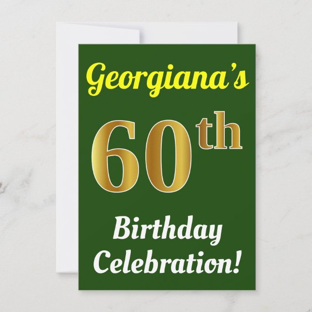 Green, Faux Gold 60th Birthday Celebration + Name Invitation (Front)