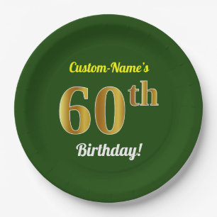 Green, Faux Gold 60th Birthday + Custom Name Paper Plate