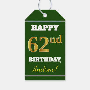 Green, Faux Gold 62nd Birthday + Custom Name Gift Tags