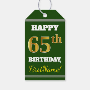 Green, Faux Gold 65th Birthday + Custom Name Gift Tags