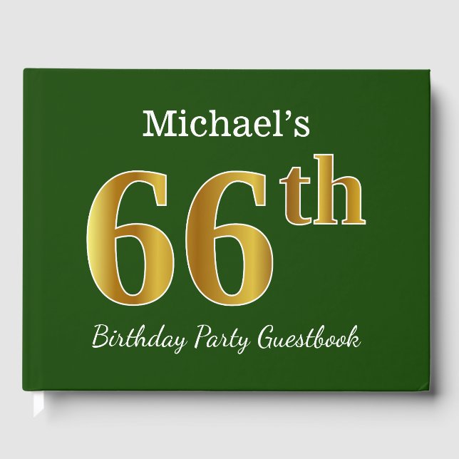 Green, Faux Gold 66th Birthday Party + Custom Name Guest Book (Front)
