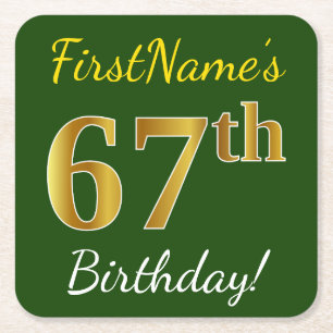 Green, Faux Gold 67th Birthday + Custom Name Square Paper Coaster