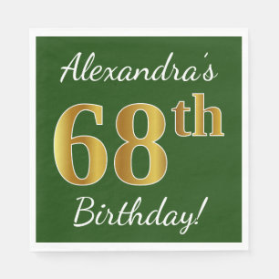 Green, Faux Gold 68th Birthday + Custom Name Napkin
