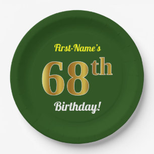 Green, Faux Gold 68th Birthday + Custom Name Paper Plate