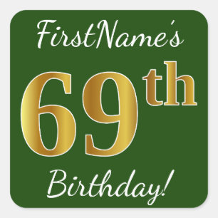 Green, Faux Gold 69th Birthday + Custom Name Square Sticker