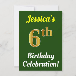 Green, Faux Gold 6th Birthday Celebration + Name Invitation