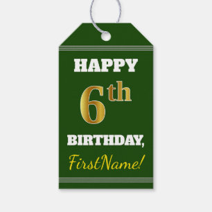 Green, Faux Gold 6th Birthday + Custom Name Gift Tags