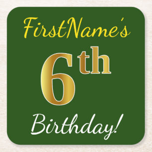 Green, Faux Gold 6th Birthday + Custom Name Square Paper Coaster