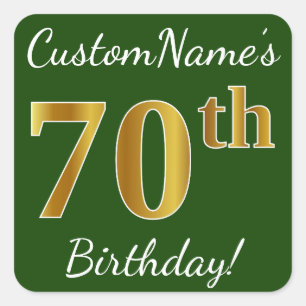 Green, Faux Gold 70th Birthday + Custom Name Square Sticker