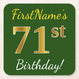 Green, Faux Gold 71st Birthday + Custom Name Square Paper Coaster