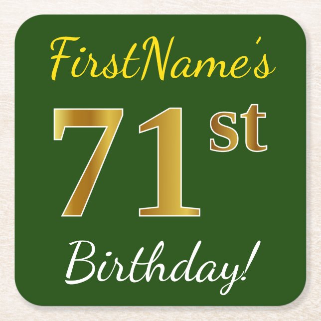 Green, Faux Gold 71st Birthday + Custom Name Square Paper Coaster (Front)